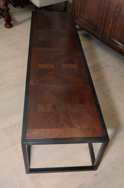 Metal 19th Century Oak Parquet Table Top with Contemporary Steel Base For Sale